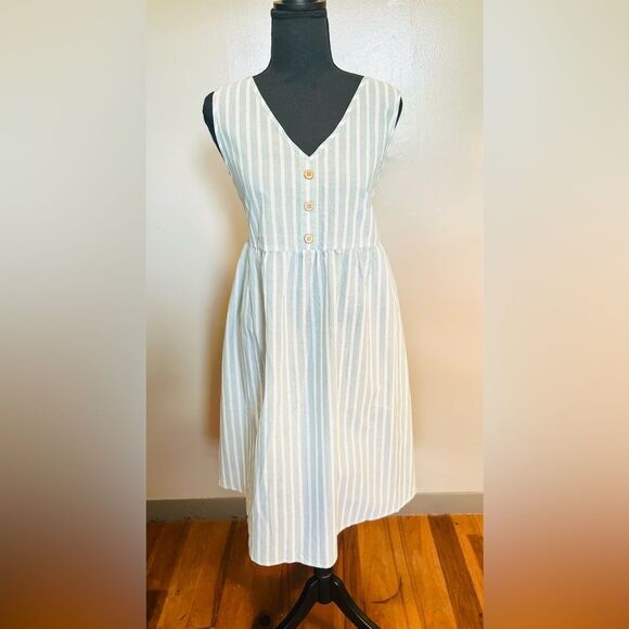 SHEIN XL Green White Striped Midi Sundress V-Neck A-Line Casual - Picture 2 of 12